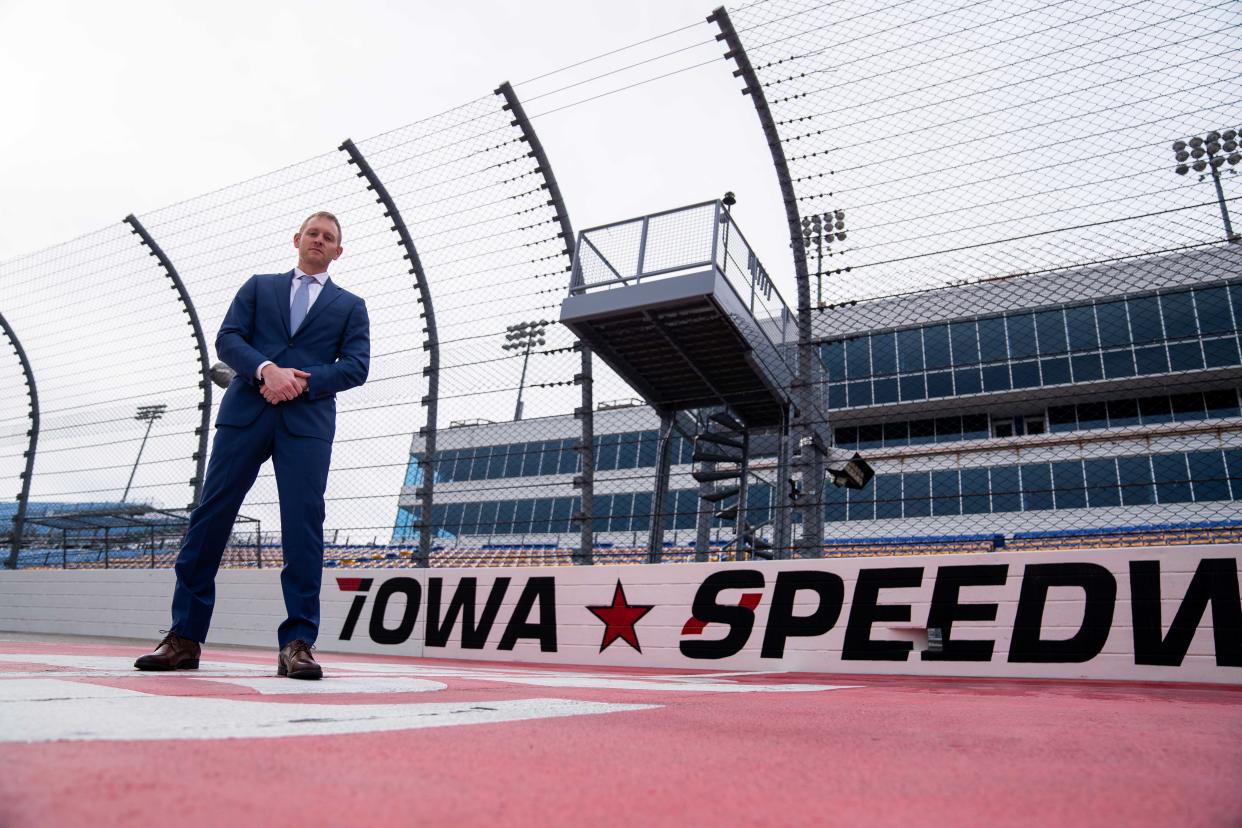 New Iowa Speedway President Eric Peterson at the track's starting line Wednesday.