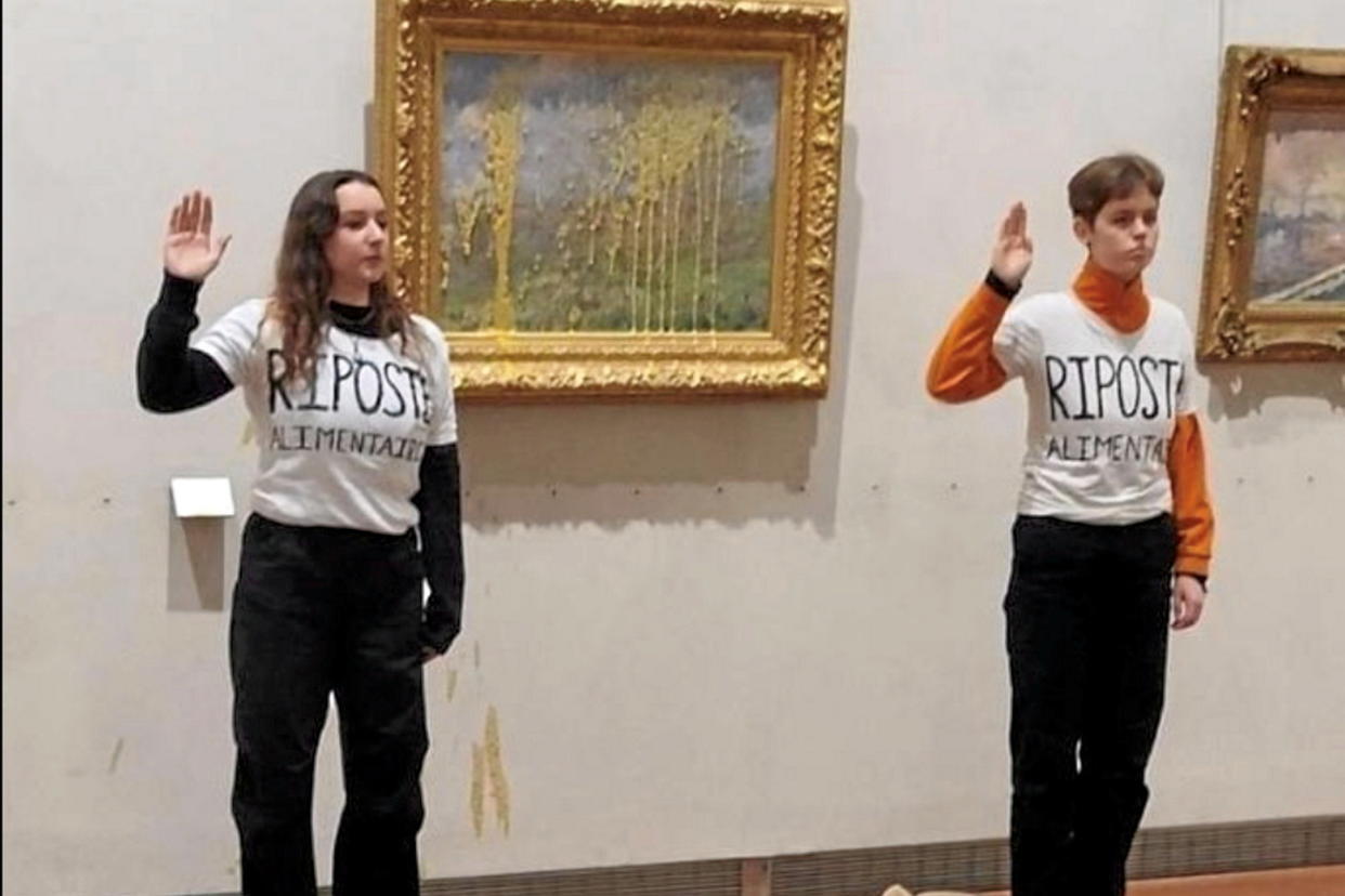 Le Printemps de Claude Monet a été couvert de soupe par deux membres du collectif Riposte alimentaire, au musée des Beaux-Arts de Lyon, ce samedi 10 février.  - Credit:Capture d'écran