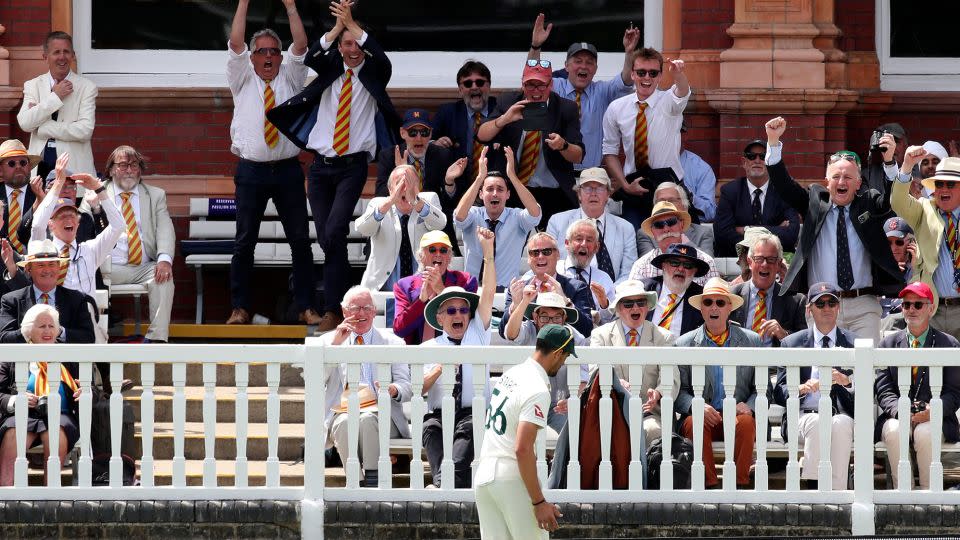 MCC members celebrate after a ball is hit for six over the head of Australia bowler Mitchell Starc. - Matt Impey/Shutterstock