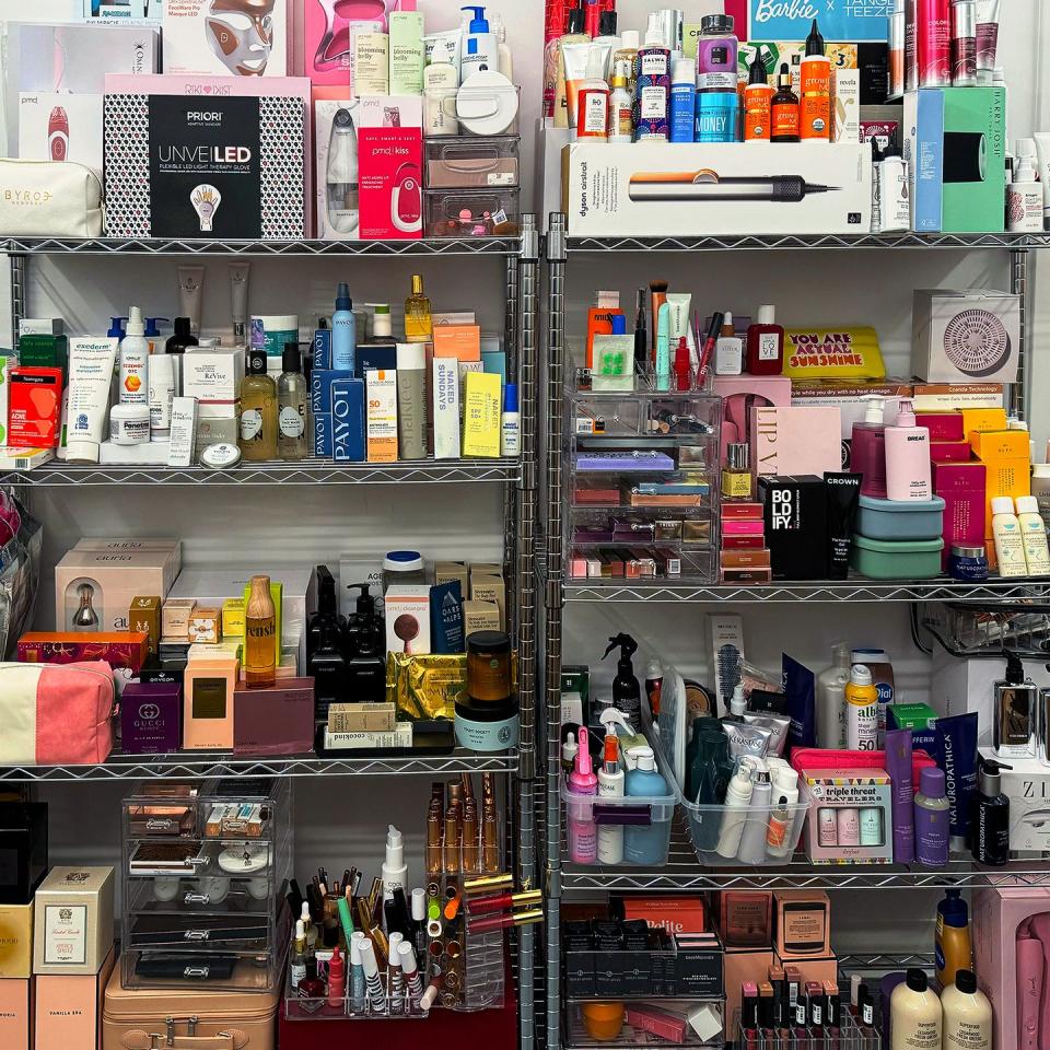 nicoles beauty closet filled with products that were tested for the beauty awards 2024