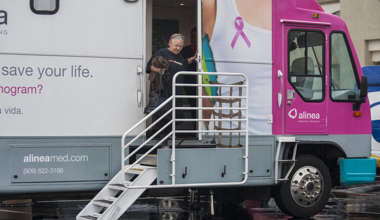 A woman leaves a mammography mobile screening bus in Anaheim, Calif. (Mindy Schauer / Digital First Media/Orange County Register via Getty Images file)