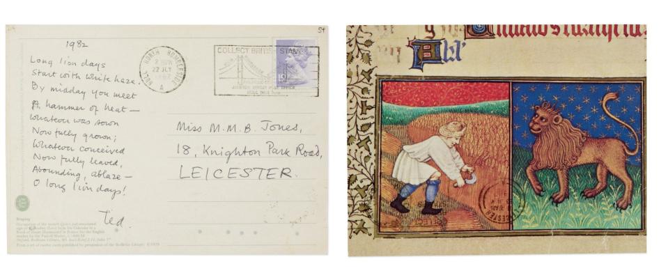 'Long lion days': the front and back of a postcard on which Larkin wrote a poem for Monica Jones