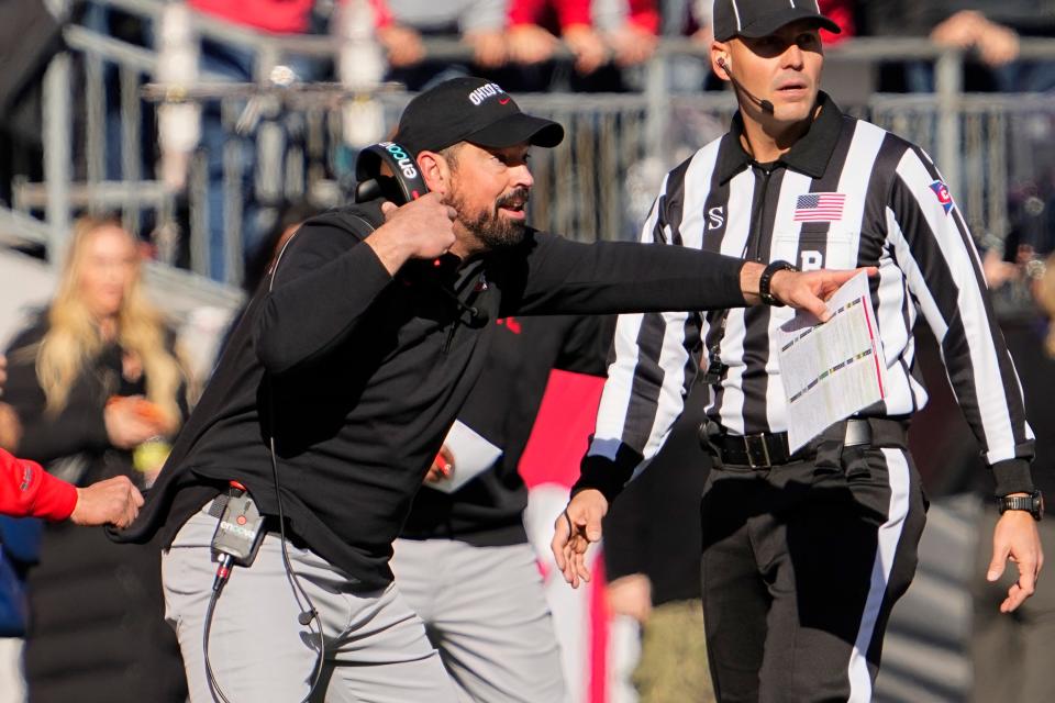 Nov 26, 2022; Columbus, Ohio, USA;  Ohio State Buckeyes head coach Ryan Day yells from the sideline during the first half of the NCAA football game against the Michigan Wolverines at Ohio Stadium. Mandatory Credit: Adam Cairns-The Columbus Dispatch