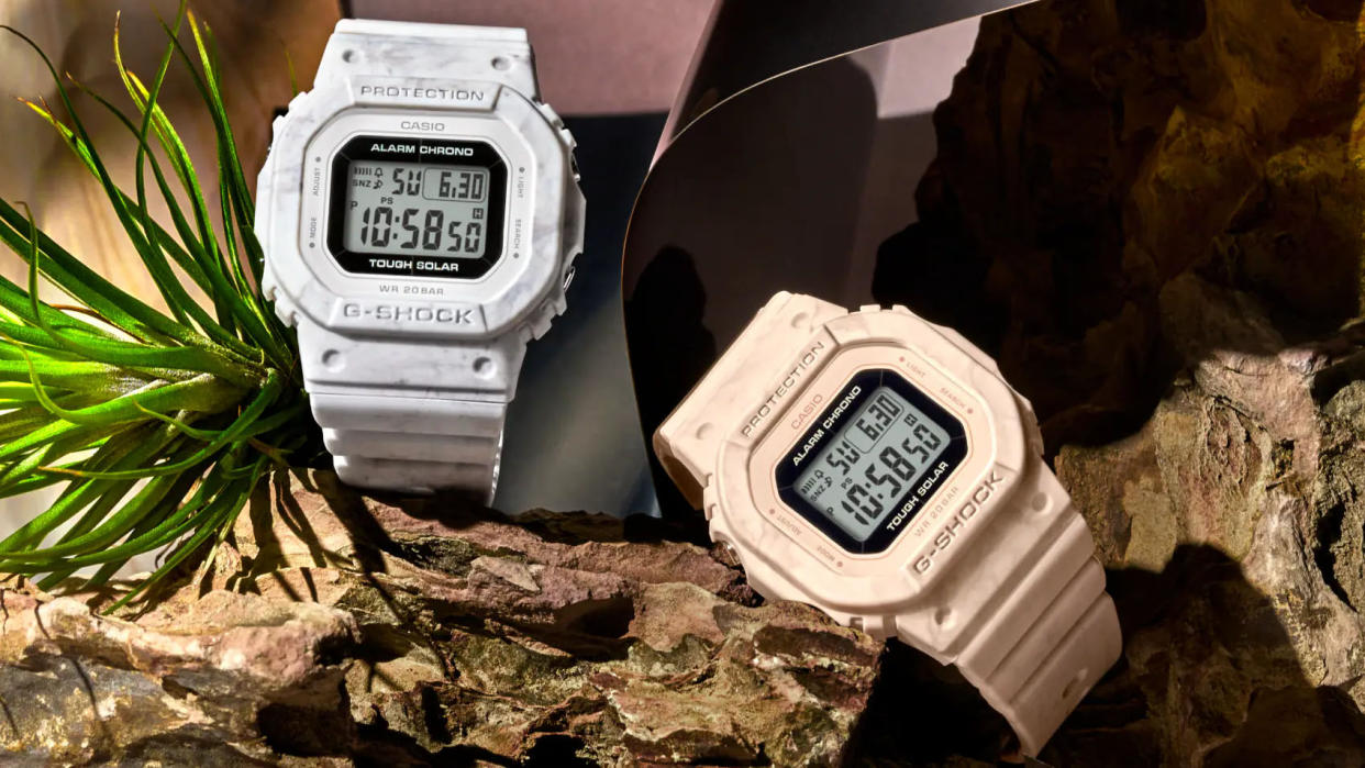  Casio G-Shock GMS-S5600RT-4JF and GMS-S5600RT-7JF watches on rocks. 