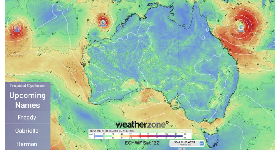 A Weatherzone forecast map shows potential cyclones off the Queensland and Western Australia coasts.