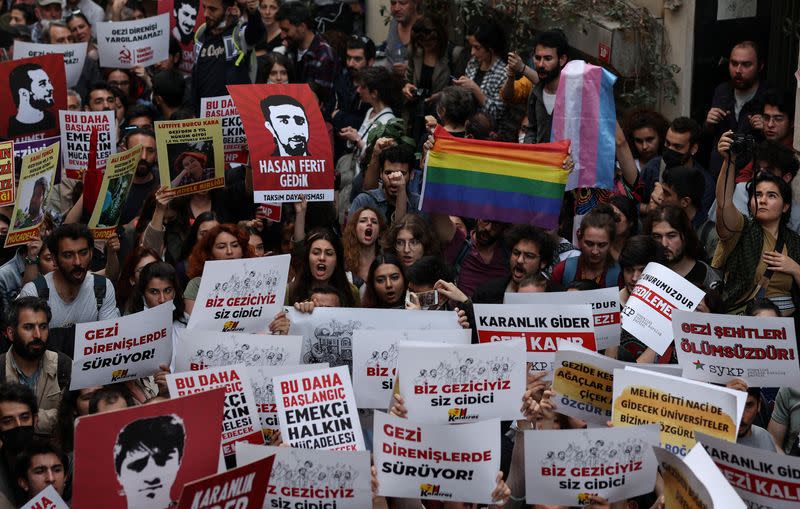 Protest against Turkish court decision that sentenced philanthropist Kavala to life in prison, in Istanbul