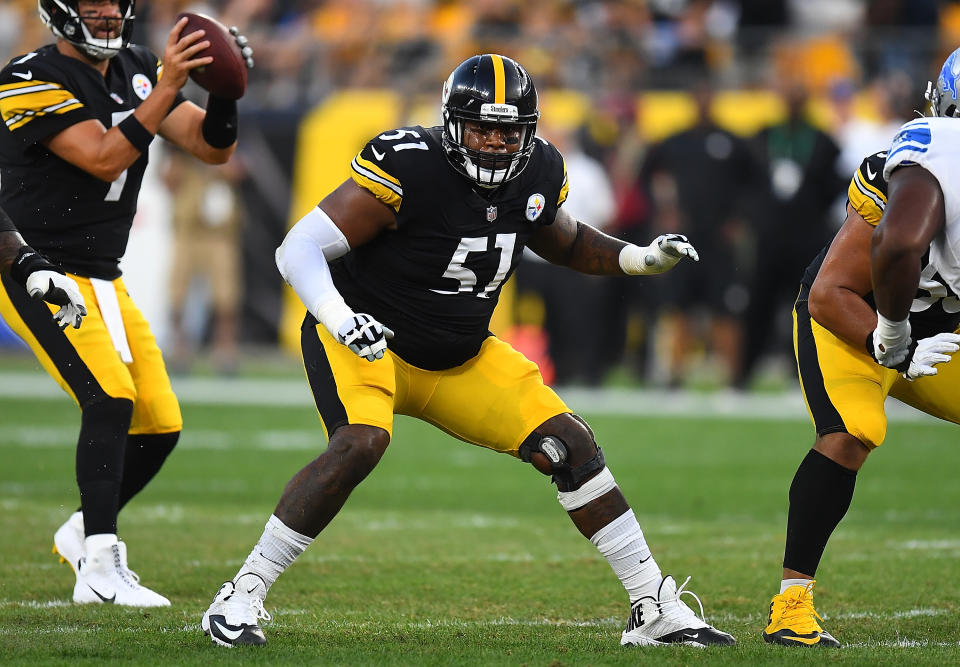 PITTSBURGH, PA - AUGUST 21:  Trai Turner #51 of the Pittsburgh Steelers in action during the game against the Detroit Lions at Heinz Field on August 21, 2021 in Pittsburgh, Pennsylvania. (Photo by Joe Sargent/Getty Images)