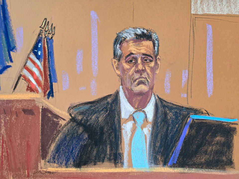 A courtroom sketch of Michael Cohen testifying during former President Donald Trump's criminal trial.