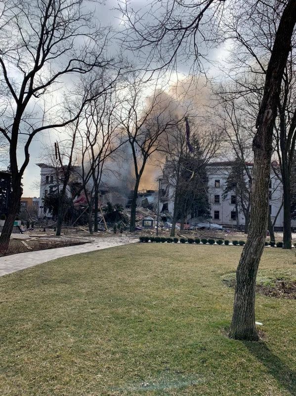 A view shows Donetsk Regional Theatre of Drama destroyed by an airstrike in Mariupol