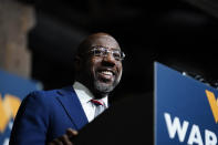 FILE - Sen. Raphael Warnock, D-Ga., speaks during a rally on Dec. 1, 2022, in Atlanta. Warnock is running against Republican Herschel Walker in a runoff election. (AP Photo/Brynn Anderson, File)