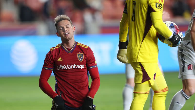 Real Salt Lake forward Danny Musovski (17) reacts after missing a header in front of the goal as Real Salt Lake and St. Louis City SC play at America First Field in Sandy on Saturday, March 25, 2023. St. Louis won 4-0.