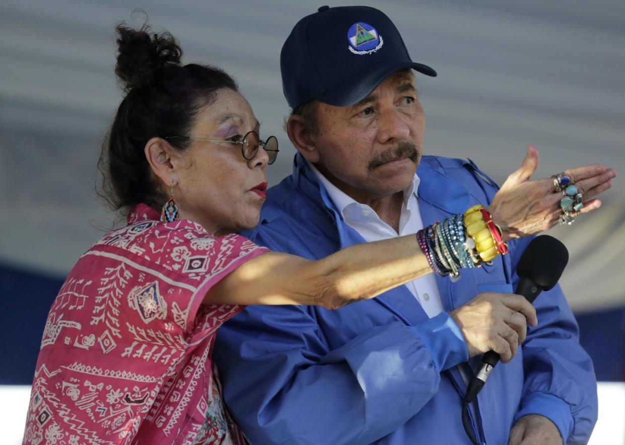 <span class="caption">Nicaragua's power couple, Vice President <span class="caas-xray-inline-tooltip"><span class="caas-xray-inline caas-xray-entity caas-xray-pill rapid-nonanchor-lt" data-entity-id="Rosario_Murillo" data-ylk="cid:Rosario_Murillo;pos:1;elmt:wiki;sec:pill-inline-entity;elm:pill-inline-text;itc:1;cat:Politician;" tabindex="0" aria-haspopup="dialog"><a href="https://search.yahoo.com/search?p=Rosario%20Murillo" data-i13n="cid:Rosario_Murillo;pos:1;elmt:wiki;sec:pill-inline-entity;elm:pill-inline-text;itc:1;cat:Politician;" tabindex="-1" data-ylk="slk:Rosario Murillo;cid:Rosario_Murillo;pos:1;elmt:wiki;sec:pill-inline-entity;elm:pill-inline-text;itc:1;cat:Politician;" class="link ">Rosario Murillo</a></span></span> and husband President <span class="caas-xray-inline-tooltip"><span class="caas-xray-inline caas-xray-entity caas-xray-pill rapid-nonanchor-lt" data-entity-id="Daniel_Ortega" data-ylk="cid:Daniel_Ortega;pos:2;elmt:wiki;sec:pill-inline-entity;elm:pill-inline-text;itc:1;cat:Politician;" tabindex="0" aria-haspopup="dialog"><a href="https://search.yahoo.com/search?p=Daniel%20Ortega" data-i13n="cid:Daniel_Ortega;pos:2;elmt:wiki;sec:pill-inline-entity;elm:pill-inline-text;itc:1;cat:Politician;" tabindex="-1" data-ylk="slk:Daniel Ortega;cid:Daniel_Ortega;pos:2;elmt:wiki;sec:pill-inline-entity;elm:pill-inline-text;itc:1;cat:Politician;" class="link ">Daniel Ortega</a></span></span>.</span> <span class="attribution"><a class="link " href="https://www.gettyimages.com/detail/news-photo/nicaraguan-vice-president-rosario-murillo-gestures-next-to-news-photo/1021529244?adppopup=true" rel="nofollow noopener" target="_blank" data-ylk="slk:INTI OCON/AFP via Getty Images;elm:context_link;itc:0;sec:content-canvas">INTI OCON/AFP via Getty Images</a></span>