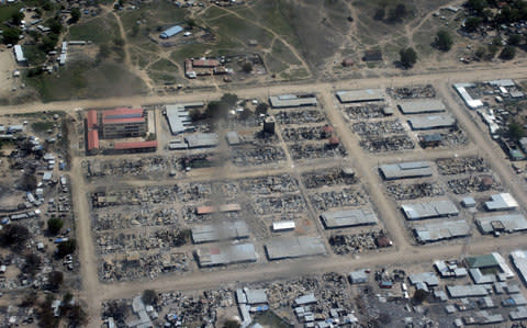 A picture taken on January 19, 2014, shows an aerial view of Bor, the state capital of South Sudan's power-key eastern state of Jonglei, ransacked by rebels and after recaptured by Sudan People's Liberation Army (SPLA). - Credit: AFP PHOTO / WAAKHE SIMON WUDUWAAKHE SIMON WUDU/AFP/Getty Images