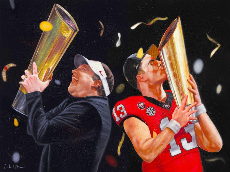 Paintings by Macon artist Caleb Brown, featuring University of Georgia coach Kirby Smart, left, and former quarterback Stetson Bennett include this print composed of separate, individual works by Brown of the coach and the player. //Courtesy of Caleb Brown