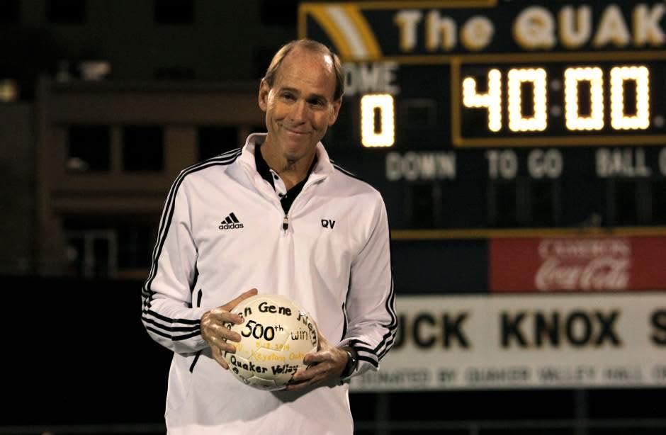 Former Quaker Valley boys soccer head coach Gene Klein after his 500th win in 2015 at Chuck Knox Stadium.