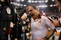 NEW ORLEANS, LA - JANUARY 09: Head coach Nick Saban of the Alabama Crimson Tide is doused with Gatorade after defeating the Louisiana State University Tigers in the 2012 Allstate BCS National Championship Game at Mercedes-Benz Superdome on January 9, 2012 in New Orleans, Louisiana. Alabama won the game by a score of 22-0. (Photo by Kevin C. Cox/Getty Images)