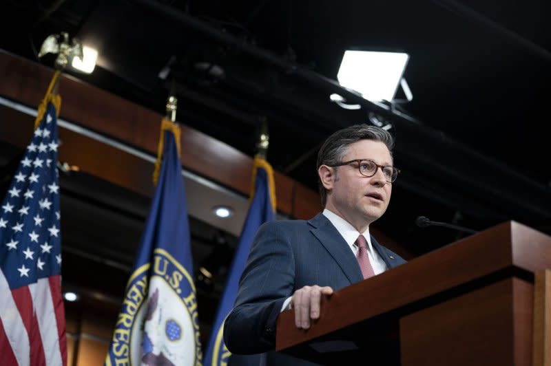 House Speaker Mike Johnson, R-La., speaks during a press conference after a weekly House Republican caucus meeting at the U.S. Capitol, March 2024. Photo by Bonnie Cash/UPI