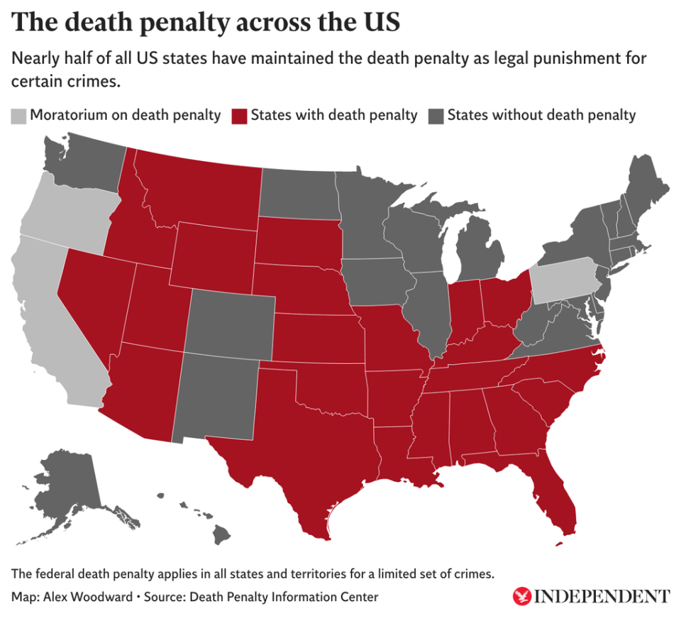 This map shows which US states still have the death penalty, and which have abolished or temporarily banned it (The Independent)