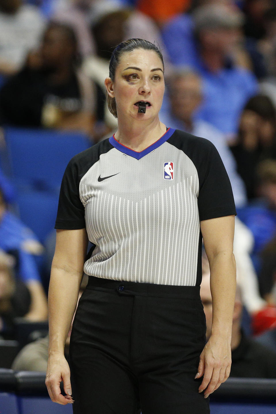Oct 19, 2023; Tulsa, Oklahoma, USA; NBA official Lauren Holtkamp with a black eye during the Oklahoma City Thunder and Detroit Pistons game at BOK Center. Mandatory Credit: Joey Johnson-USA TODAY Sports