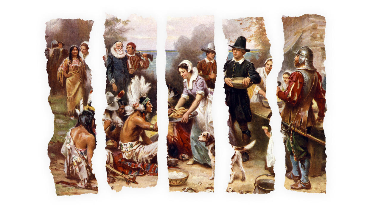 The story that's often told of the first Thanksgiving isn't historically accurate — and experts say that perpetuating this narrative is harmful. (Collage: Getty Images/Quinn Lemmers for Yahoo Life)