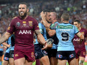 <p>Fullback Jarryd Hayne gave the Blues the lead in the 33rd minute when he wriggled free from some Maroons defenders, much to the dismay of Boyd.</p>