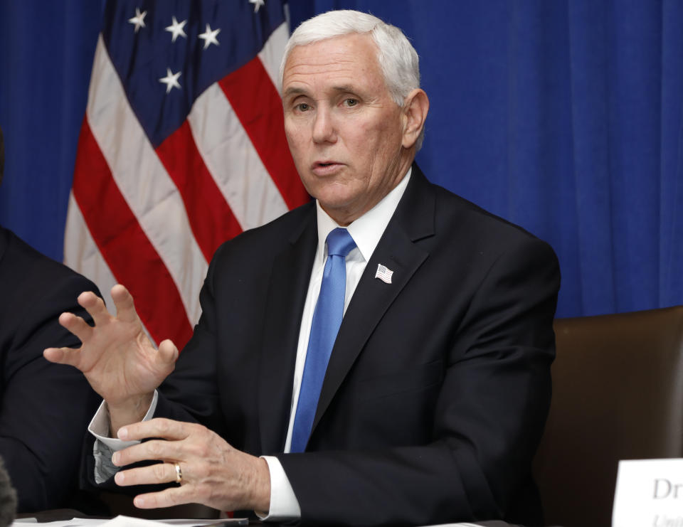 Vice President Mike Pence speaks during a Florida Coronavirus Response Meeting, at the West Palm Beach International Airport, Friday, Feb. 28, 2020, in West Palm Beach, Fla. (AP Photo/Terry Renna)