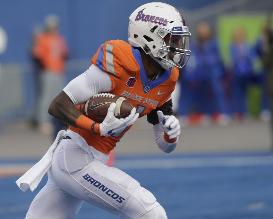 Boise State wide receiver Cedrick Wilson (1) returns a kickoff during the first half of an NCAA college football game against Nevada in Boise, Idaho, Saturday, Nov. 4, 2017. Boise State won 41-14. (AP Photo/Otto Kitsinger)