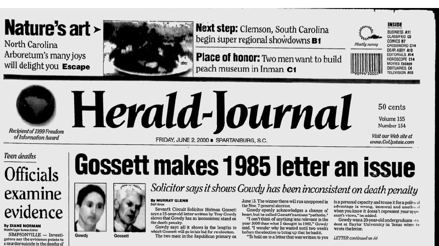 Spartanburg Herald-Journal article on 2000 7th circuit solicitor race between Gossett and Gowdy.