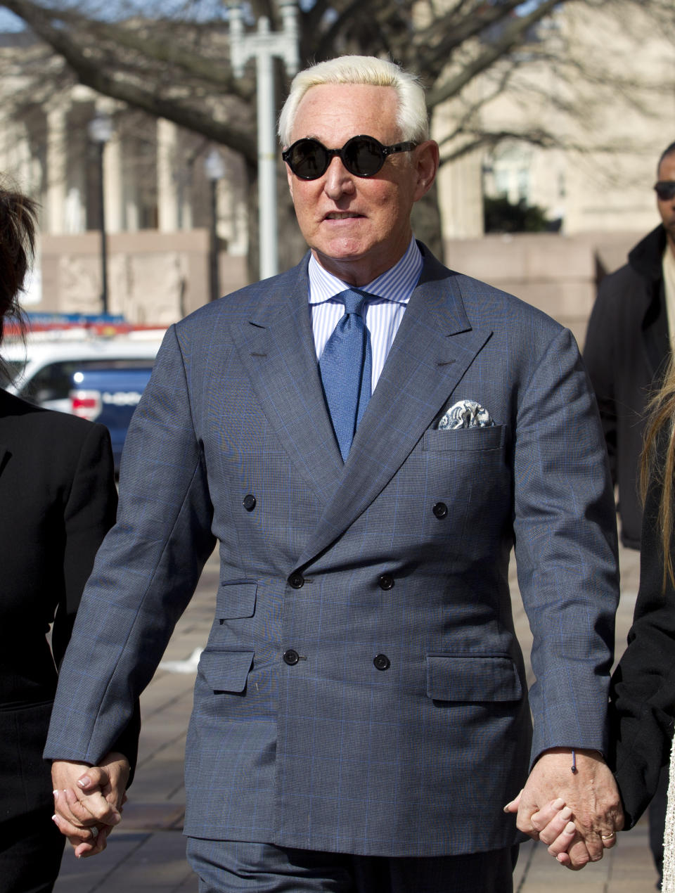 Former campaign adviser for President Donald Trump, Roger Stone arrives at federal court in Washington, Thursday, Feb. 21, 2019. Stone was ordered to appear in court over a Instagram post he made about U.S. Judge Amy Berman Jackson. (AP Photo/Jose Luis Magana)