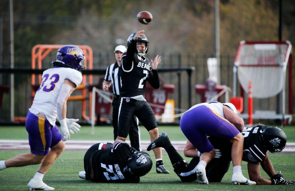 Missouri State quarterback Jordan Pachot makes a throw during a game against the University of Northern Iowa Panthers at Plaster Stadium on Saturday, Nov. 11, 2023.