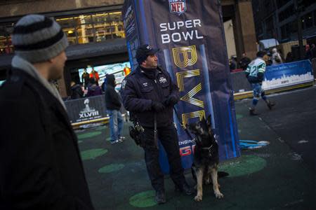 A police officer stands watch as preparations continue for Super Bowl XLVIII in New York January 29, 2014. REUTERS/Eric Thayer