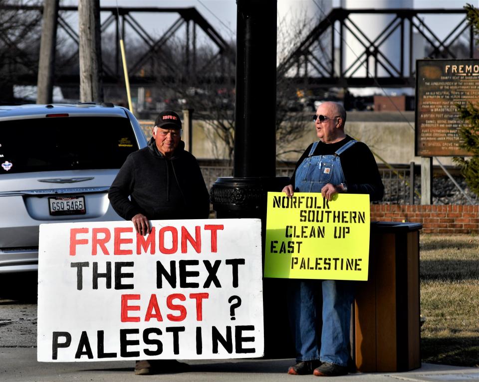 Protesters warn passersby of the possible dangers of a derailment in Fremont, calling for better railroad safety after the Norfolk Southern disaster in East Palestine.