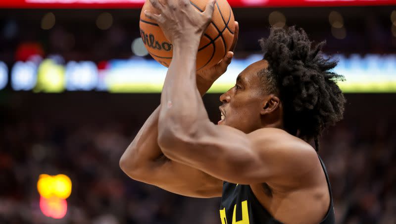 Utah Jazz guard Collin Sexton (2) shoots during the game against the Memphis Grizzlies at the Delta Center in Salt Lake City on Wednesday, Nov. 1, 2023.