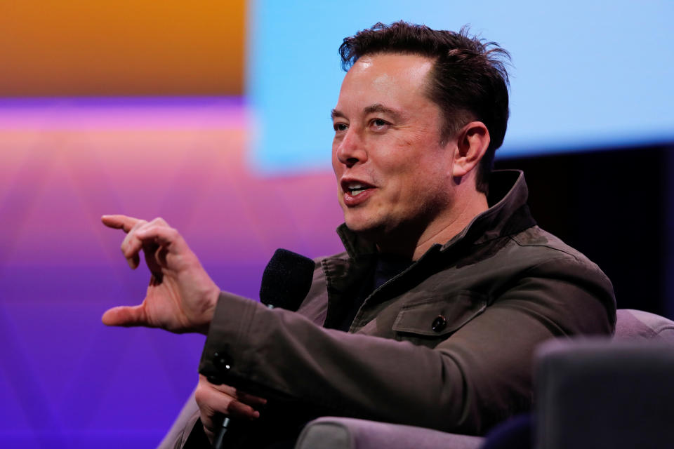 SpaceX owner and Tesla CEO Elon Musk gestures during a conversation with legendary game designer Todd Howard (not pictured) at the E3 gaming convention in Los Angeles, California, U.S., June 13, 2019.  REUTERS/Mike Blake