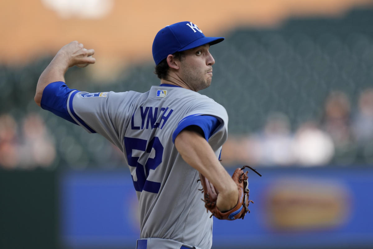 Kansas City Royals' Matt Beaty runs to first base after hitting a single  against the Los Angeles Angels during the eighth inning of a baseball game,  Sunday, June 18, 2023, in Kansas