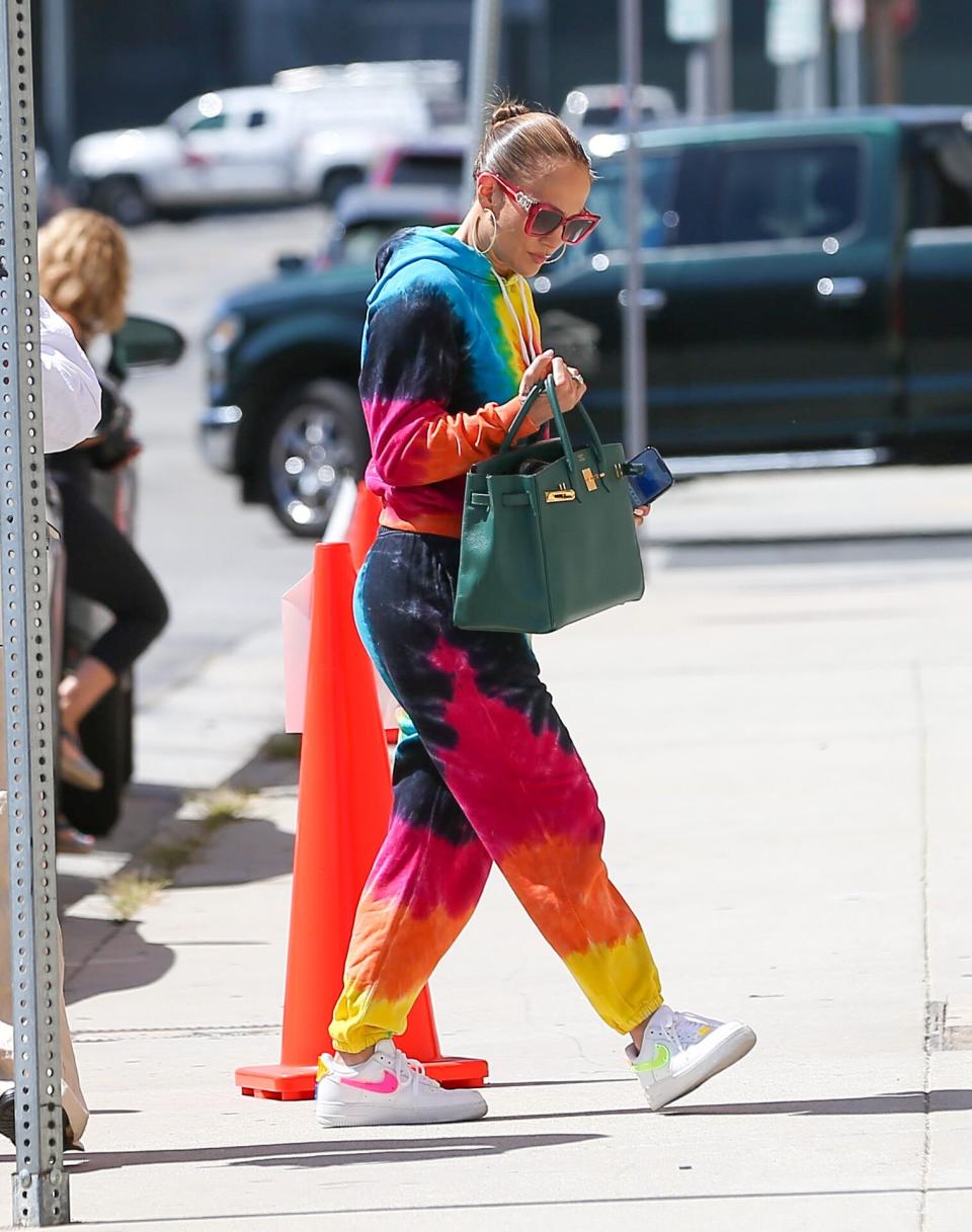 Jennifer Lopez Tie-Dye Sweatsuit walking in Los Angeles August 2022