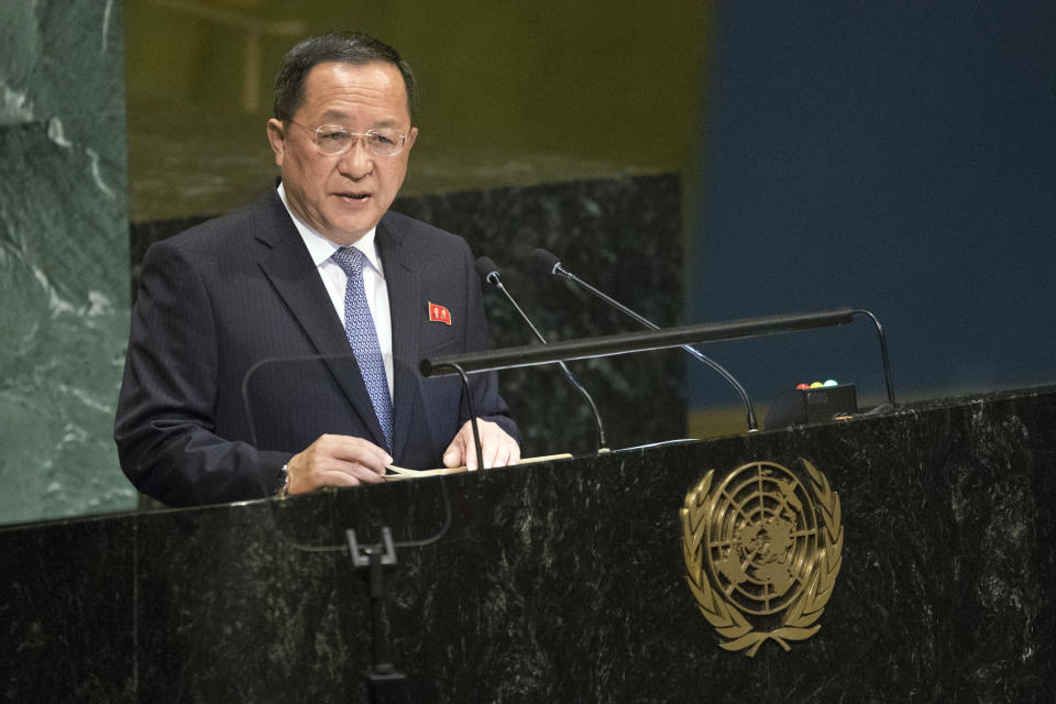 FILE - In this Sept. 29, 2018 file photo, North Korean Foreign Minister Ri Yong Ho addresses the 73rd session of the United Nations General Assembly at U.N. headquarters. The United Nations makes a point of welcoming all nations, regardless of political persuasion. But in many ways, there's a love-hate relationship between the North and the U.N. One important thing the North gets from the U.N. is a direct point of contact with the 192 other member nations, including a host of countries that would be loath to send their diplomats to pay homage in Pyongyang, pre-eminent among them, the United States. (AP Photo/Mary Altaffer, File)