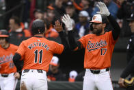 Baltimore Orioles' Jordan Westburg (11) celebrates with Colton Cowser (17) after scoring on a single by James McCann during the fourth inning of a baseball game against the Oakland Athletics, Saturday, April 27, 2024, in Baltimore. (AP Photo/Nick Wass)