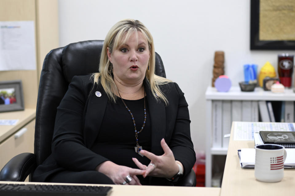 Cari-Ann Burgess, interim registrar of voters for Washoe County, discusses her job at the Washoe County Registrar office in Reno, Nev., on Monday June 3, 2024. The county commission meetings in Washoe County have become a hotbed for election conspiracies since 2020 as wealthy far-right activist Robert Beadles has attempted to replace lawmakers who don't parrot his talking points, which include election conspiracies. If Washoe County Commissioner Clara Andriola, appointed by Burgess, is unseated, then it is possible that three of the five commissioners in the swing county will be backed by the election fraud crusader. (AP Photo/Andy Barron)