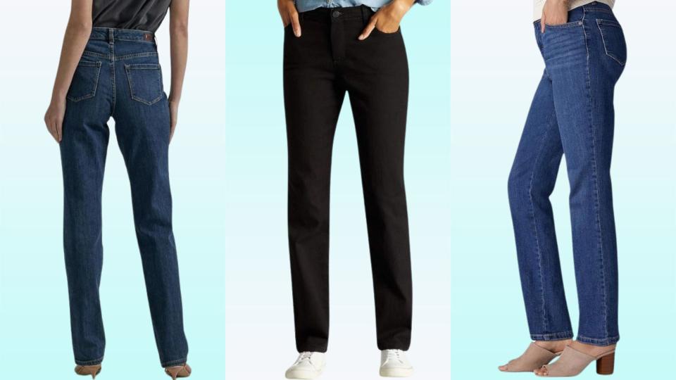 three models wearing different colors of the jeans on a blue background. 