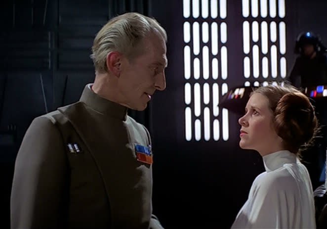 Tarkin (Peter Cushing) confronts Leia (Carrie Fisher) in 'A New Hope' (Lucasfilm)