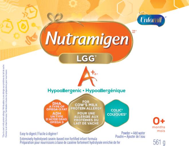 The Canadian Food Inspection Agency says the Enfamil brand infant formula Nutramigen A+ LGG Hypoallergenic is being recalled. (Canadian Food Inspection Agency - image credit)