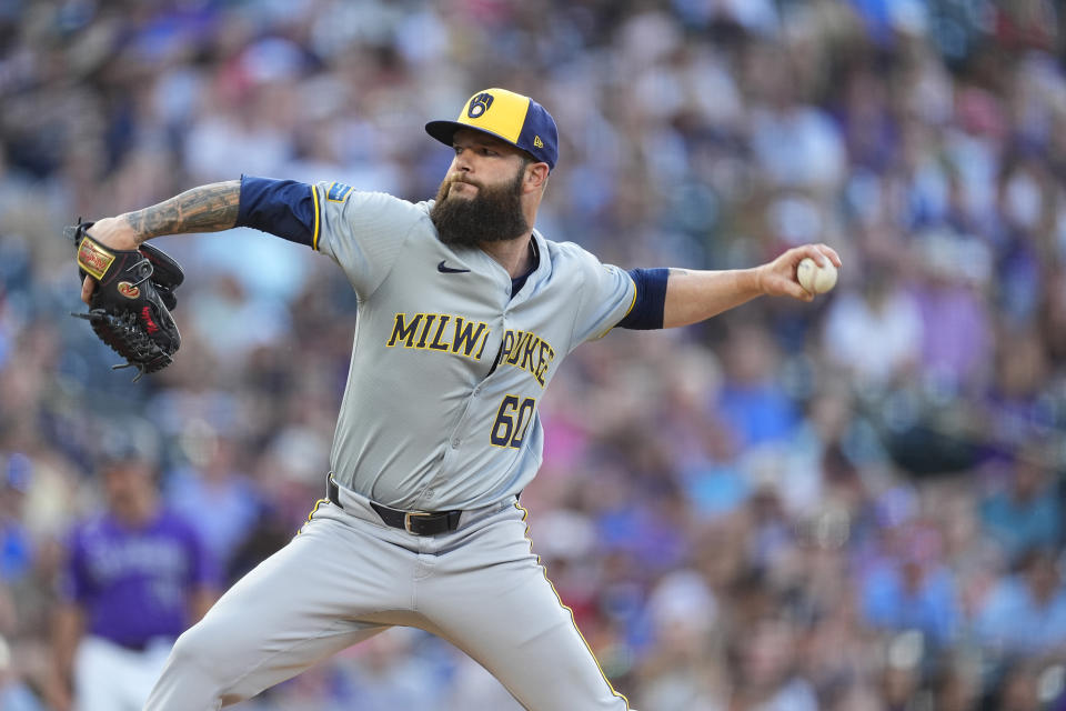 Milwaukee Brewers starting pitcher Dallas Keuchel works agianst the Colorado Rockies in the second inning of a baseball game Tuesday, July 2, 2024, in Denver. (AP Photo/David Zalubowski)