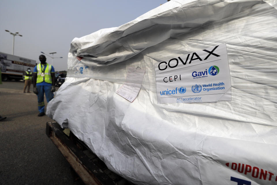 This photograph released by UNICEF on Wednesday Feb. 24, 2021 shows the first shipment of COVID-19 vaccines distributed by the COVAX Facility arriving at the Kotoka International Airport in Accra, Ghana. Ghana has become the first country in the world to receive vaccines acquired through the United Nations-backed COVAX initiative with a delivery of 600,000 doses of the AstraZeneca vaccine made by the Serum Institute of India. (Francis Kokoroko/UNICEF via AP)
