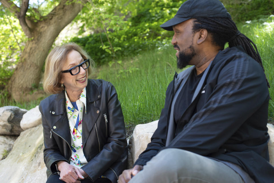 This image released by the Sundance Institute shows Michelle Satter, Sundance Institute Founding Senior Director, Artist Programs, left, appears with 2023 Sundance Institute Directors and Screenwriters Lab fellow Rashad Frett in Sundance, Utah on June 10, 2023. (Jonathan Hickerson/Sundance Institute via AP)