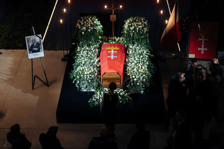 Mayor Pawel Adamowicz's coffin lies in state in the European Solidarity Centre in Gdansk, Poland, January 17, 2019. Bartosz Banka/Agencja Gazeta/via REUTERS