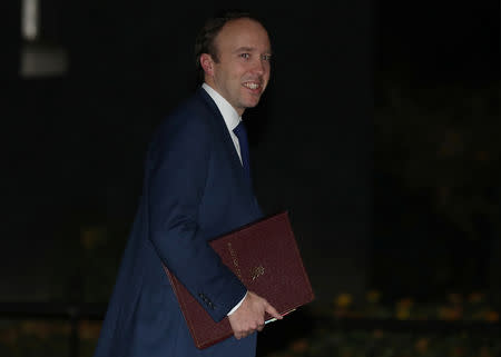 Britain's Health Secretary Matt Hancock leaves after the meeting with Britain's Prime Minister Theresa May at 10 Downing Street in London, Britain, November 13, 2018. REUTERS/Simon Dawson