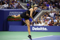 <p>Maria Sharapova of Russia serves during her first round Women’s Singles match against Simona Halep of Romania on Day One of the 2017 US Open at the USTA Billie Jean King National Tennis Center on August 28, 2017 in the Flushing neighborhood of the Queens borough of New York City. (Photo by Clive Brunskill/Getty Images) </p>