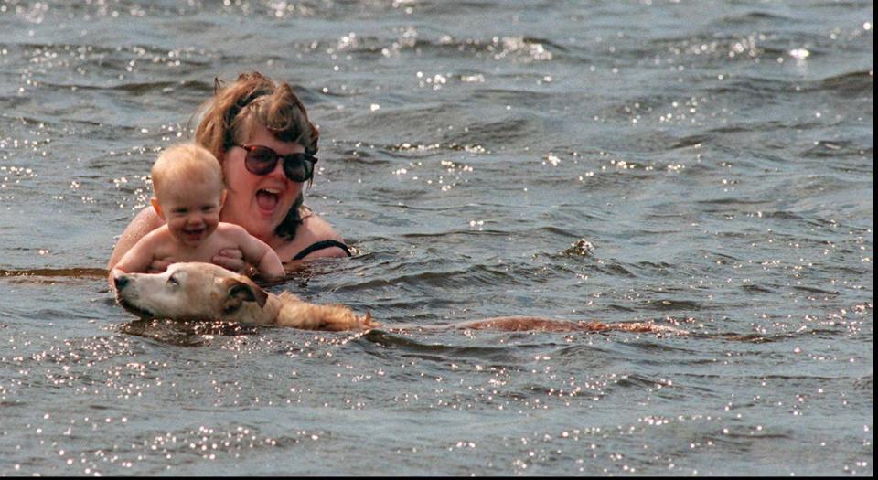 Kathleen Tweed and her daughter Lindsey, 9-months, watch their Retriever, Taffey, take a swim at Mendon Ponds Park in1994 (Staff Photo/Gregory Francis)