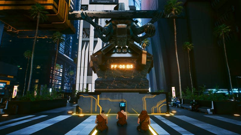 The &quot;D3 Prime&quot; statue sits before meditating monks, with the sequence FF:06:55 visible in bold.